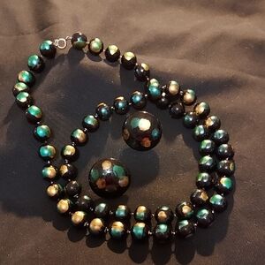 70s Vintage Black Bead Necklace and Pierced Earrings with Green-Gold Accents 30i